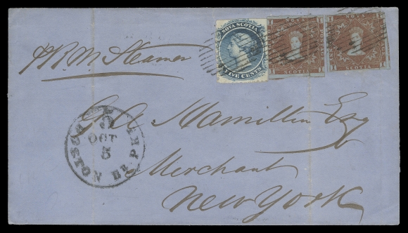NOVA SCOTIA CENTS POSTAL HISTORY  1860 (October 2) Folded cover from Halifax to New York via Boston, bearing an impressive, one-of-a-kind franking of two 1p red brown (cut in and file folds) and a 5c blue on white paper, clipped perfs from postal clerk