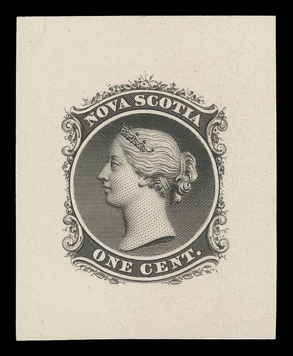 NOVA SCOTIA CENTS PROOFS AND STAMPS  8,Die proof printed in black on card mounted india paper measuring 33 x 40mm, choice and scarce, VF