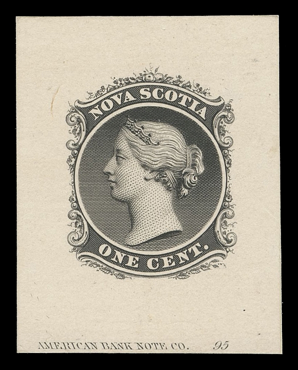 NOVA SCOTIA CENTS PROOFS AND STAMPS 8,Die Proof printed in black, issued colour, on card mounted india paper, showing ABNC imprint and die number "95" at foot, scarce and attractive, VF