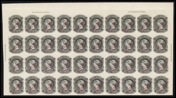 NOVA SCOTIA CENTS PROOFS AND STAMPS  8Pii, iii, v,Positional plate proof block of 40, showing four ABNC imprints and three different SPECIMEN overprint types in red, on card mounted india paper, VF (Unitrade cat. $4,640 as se-tenant proofs)Specimen Type B at Positions 1-10, 15-20, 21-30; Type C at Positions 31-40 and the scarce Type D at Positions 11-14.