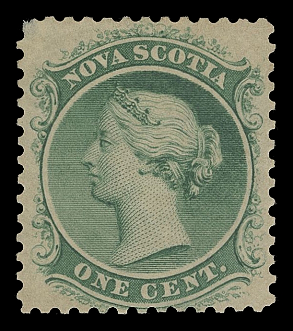 NOVA SCOTIA CENTS PROOFS AND STAMPS  8,American Bank Note Company engraved trade sample proofs, three different in green, brown purple and violet, perforated 12 on gummed wove paper, first two with usual minor gum thins. A very scarce trio originating from the famous ABNC trade sample sheet, VF OG
