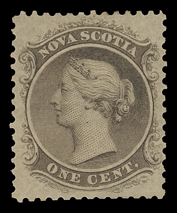 NOVA SCOTIA CENTS PROOFS AND STAMPS 8,American Bank Note Company engraved trade sample proofs, three different in green, brown purple and violet, perforated 12 on gummed wove paper, first two with usual minor gum thins. A very scarce trio originating from the famous ABNC trade sample sheet, VF OG