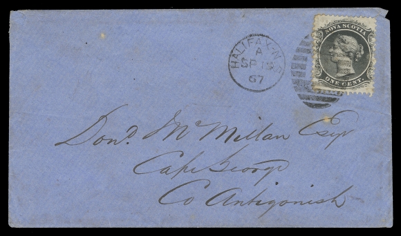 NOVA SCOTIA CENTS POSTAL HISTORY  1867 (September 19) Blue envelope with unsealed backflap, franked with 1c black tied by Halifax grid "H" duplex datestamp, addressed to Cape George, with light receiver backstamp, paying the 1c unsealed circular rate, VF (Unitrade 8a)