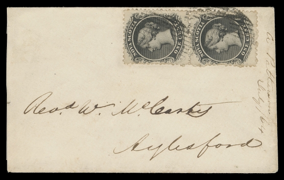 NOVA SCOTIA CENTS POSTAL HISTORY  1864 (July 30) Small clean cover from Lower Horton to Aylesford (both in Kings County), slightly reduced at left, bearing a 1c black pair, a few irregular perfs on one side, cancelled by oval grids, Lower Horton dispatch, Kentville transit and Aylesford receiver all on same day, paying the scarce 2 cent county rate, VF (Unitrade 8a)