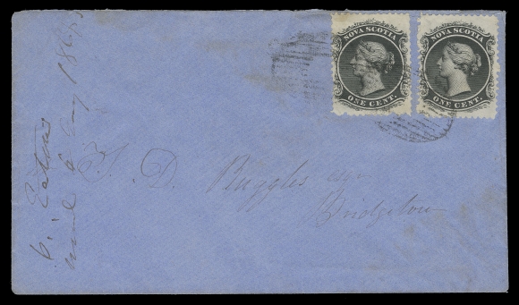 NOVA SCOTIA CENTS POSTAL HISTORY  1868 (January 4) Blue cover from the Ruggles correspondence at  Bridgetown, bearing two 1c black on white paper tied by oval grids backstamped Bridgetown JA 4 1868 double arc datestamp. An  attractive late usage of this scarce local drop letter rate, VF  (Unitrade 8a)Nova Scotia postage stamps were allowed to be used for one year  following Canadian Confederation on July 1, 1867. Canadian stamps were available at post offices as early as April 1st, 1868.