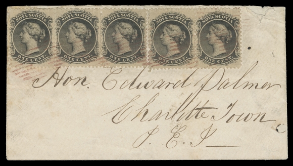 NOVA SCOTIA CENTS POSTAL HISTORY 1864 (October 14) Envelope mailed to Charlottetown, PEI, franked with two pairs and a single 1c black on yellowish paper tied by grids in red (dispatch CDS indistinct), Halifax OC 14 transit and PEI OC 15 arrival backstamps, paying the rarely seen 5c interprovincial letter rate, small opening fault to cover at top, otherwise F-VF with wonderful appeal. (Unitrade 8)