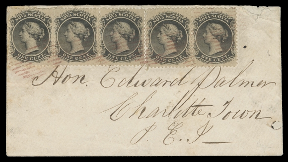 NOVA SCOTIA CENTS POSTAL HISTORY  1864 (October 14) Envelope mailed to Charlottetown, PEI, franked with two pairs and a single 1c black on yellowish paper tied by grids in red (dispatch CDS indistinct), Halifax OC 14 transit and PEI OC 15 arrival backstamps, paying the rarely seen 5c interprovincial letter rate, small opening fault to cover at top, otherwise F-VF with wonderful appeal. (Unitrade 8)