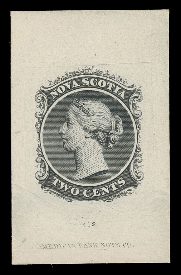NOVA SCOTIA CENTS PROOFS AND STAMPS  9,“Goodall” Die Proof, engraved, printed in black on india paper 25 x 28mm, die sunk on card 30 x 48mm, showing die number “412” and ABNC imprint at foot; a rarely seen and appealing proof, VF; ex. Koh Seow Chuan (April 1999; Lot 236)