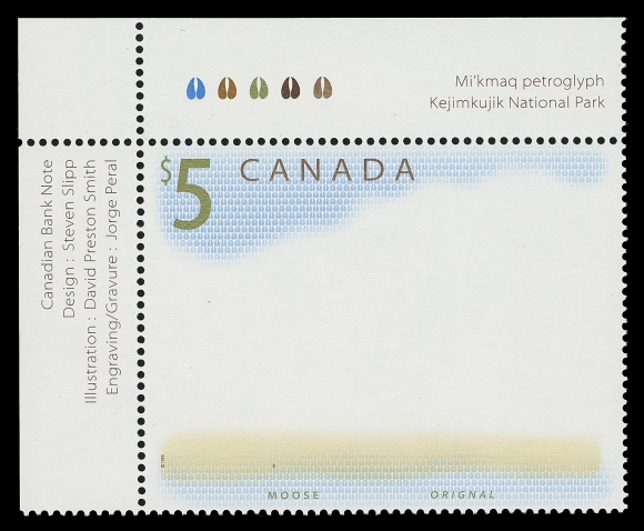 CANADA - 10 QUEEN ELIZABETH II  1693a,A pristine mint example of this spectacular modern error, completely missing the engraved colours - moose, grass and trees; being the upper left stamp from the pane of four. The most striking error in all of Canadian philately, VF NH