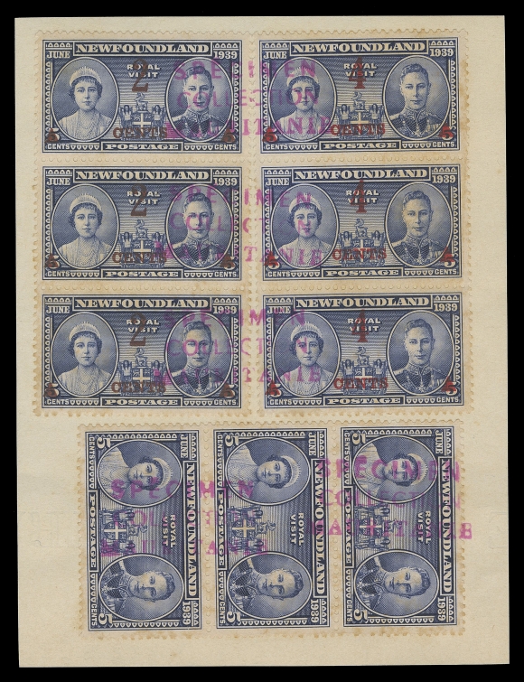 NEWFOUNDLAND -  4 1897-1947 ISSUES  249-251,Set of three in vertical strips of three cancelled three-line SPECIMEN / COLLECTION / MAURITANIA affixed to archival ledger piece, a unique item from the Mauritania Post Office UPU Specimen collection, light toning, F-VF