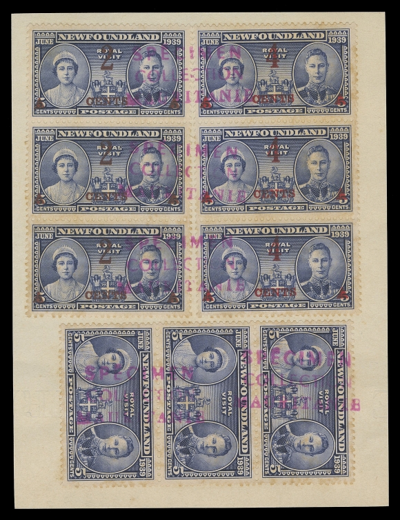 NEWFOUNDLAND - 4 1897-1947 ISSUES 249-251,Set of three in vertical strips of three cancelled three-line SPECIMEN / COLLECTION / MAURITANIA affixed to archival ledger piece, a unique item from the Mauritania Post Office UPU Specimen collection, light toning, F-VF
