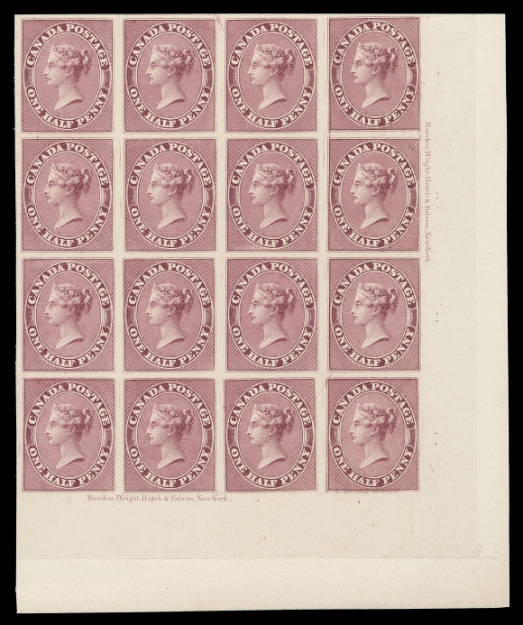 CANADA -  2 PENCE  8P + varieties,A corner margin plate proof of sixteen in the issued colour on card mounted india paper, showing two plate imprints as well as documented Major Re-entries at Positions 70, 80 and 100 (from the trimmed plate of 100 subjects), the latter being the most prominent, VF (Unitrade cat. $5,600 as normal proofs)