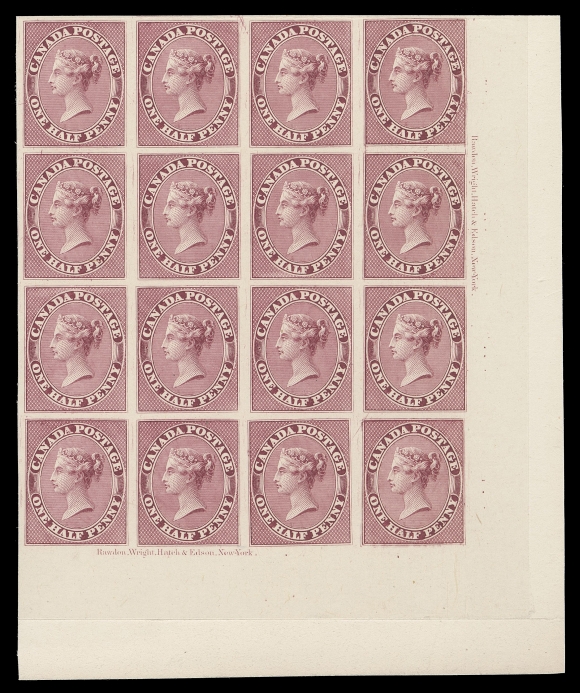 CANADA - 2 PENCE 8P + varieties,A corner margin plate proof of sixteen in the issued colour on card mounted india paper, showing two plate imprints as well as documented Major Re-entries at Positions 70, 80 and 100 (from the trimmed plate of 100 subjects), the latter being the most prominent, VF (Unitrade cat. $5,600 as normal proofs)