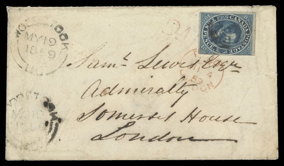 CANADA -  2 PENCE  1859 (19 May) Small envelope from Woodstock, U.C. to England, bearing a single 10p blue Cartier on thicker white wove paper, in outer frame at right to large margins, cancelled by concentric rings and further tied by small Paid London JU 4 59 split ring receiver in red, Woodstock double arc dispatch struck twice at left, Hamilton transit backstamp; pays the 10 pence Allan Line - Canadian Packet letter rate to the United Kingdom, F-VF; clear 1991 Greene Foundation cert. as #7 (Unitrade 7a)
