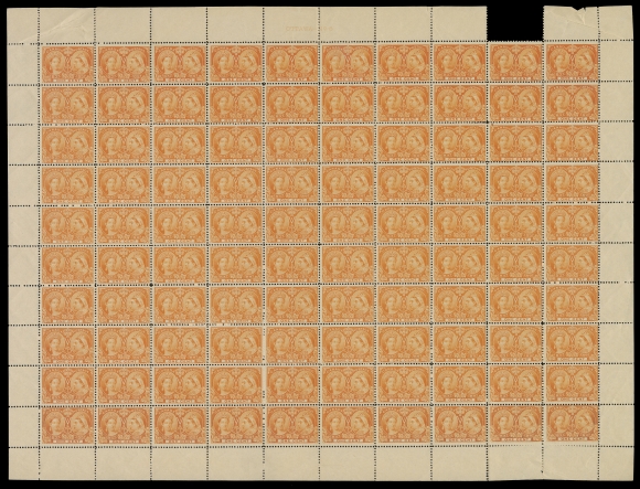 CANADA -  6 1897-1902 VICTORIAN ISSUES  51,An impressive sheet of 100, plate "OTTAWA No. 6" imprint at top, one selvedge piece missing, partly severed between fifth and sixth rows and some perf separation mostly in margin, a scarce intact sheet, never hinged; some well centered, mainly Fine+ (Unitrade cat. $2,000 as Fine NH singles)
