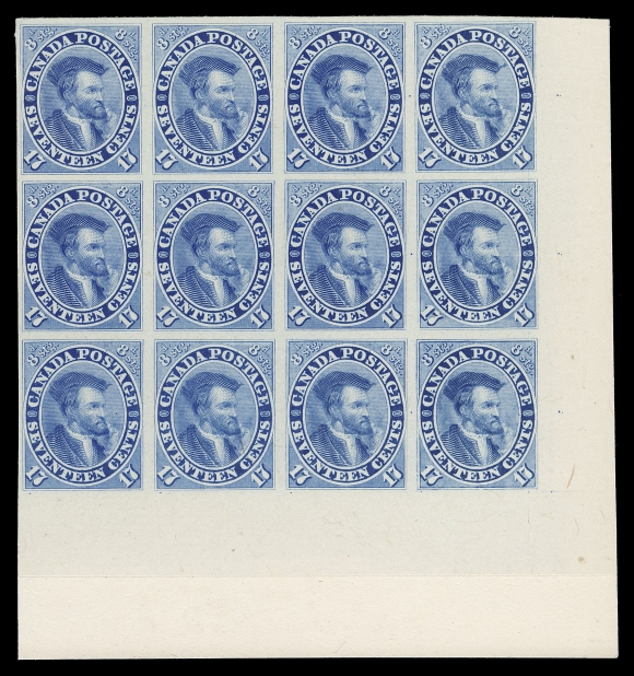 CANADA -  3 CENTS  19TC + varieties,Trial colour plate proof corner block of twelve, printed in pale blue on card mounted india paper, displaying two plate varieties - the best known plate variety, perhaps of the entire Decimal  series, The Major Re-entry at Position 100 with very strong  doubling throughout design, also the Re-entry at Position 80. A beautiful positional block, VF (Unitrade cat. as normal proofs)
