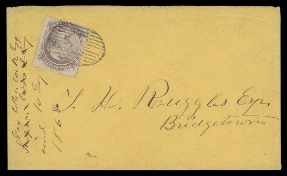 NOVA SCOTIA CENTS POSTAL HISTORY  1868 (January 10) Yellow cover from the Ruggles correspondence, franked with a single 2c lilac neatly tied by oval grid, docketing at left, pays the 2c drop letter rate, Bridgetown JA 10 dispatch on reverse. A clean and very scarce single-franking local drop rate, VF (Unitrade 9)