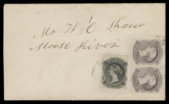 NOVA SCOTIA CENTS POSTAL HISTORY  1867 (August 22) Clean cover slightly reduced at left bearing a 1c black and 2c lilac pair tied by oval grids, pays the 5c domestic letter rate to Moose River; faint partially legible (?) River West Side split ring on front and partial Clementsport backstamp. A very pretty five cent rate combination franking, VF (Unitrade 8, 9)