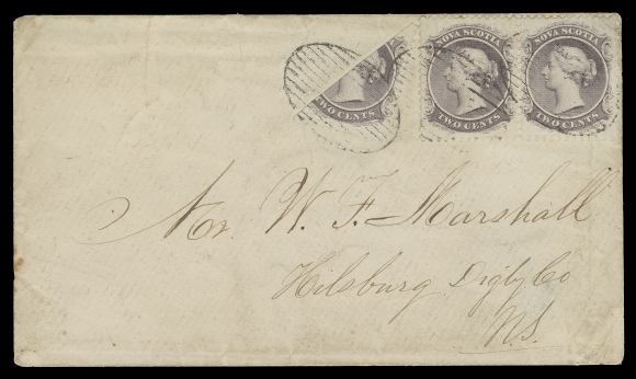 NOVA SCOTIA CENTS POSTAL HISTORY  1866 (November 30) Cover mailed from Canning to Hilsburg, Digby County, franked with a diagonal bisect and horizontal pair of the 2c lilac, attractively positioned and completely sound, neatly tied to cover by oval grids, Canning NO 30, partial Kentville NO 30 and mostly clear Annapolis DEC 3 1866 transit backstamps, faint cover soiling in no way detracts, a very rare bisect usage - fewer than ten such frankings exist paying the 5c domestic letter rate, VF (Unitrade 9b)Expertization: clear 1961 PF certificateProvenance: Specialized Nova Scotia, Maresch Sale 340, June 1999; Lot 887