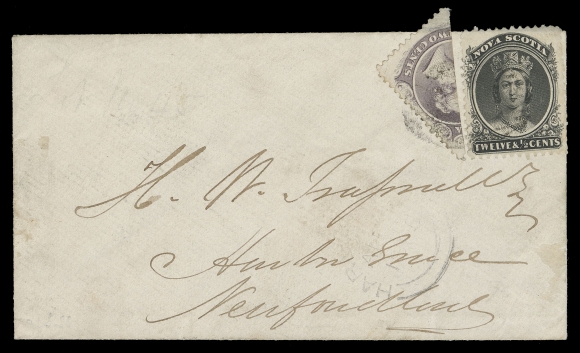 NOVA SCOTIA CENTS POSTAL HISTORY  1865 (August 1) Small white envelope mailed from Pugwash to Harbour Grace with an exceptionally rare and most striking franking consisting of a single 12½c black alongside a diagonal bisect of the 2c greyish purple, paying the very rare Interior of Nova Scotia to Newfoundland 13½ cent letter rate. Stamps with slight imperfections as to be excepted due to placement on the cover, both tied by light grid; on reverse a very clear Pugwash AU 1 1865 double arc dispatch, "H" (Halifax) AU 2 and St. John