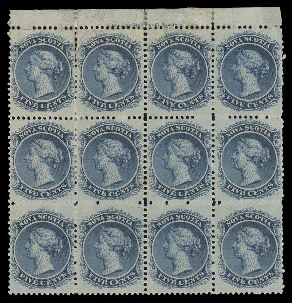 NOVA SCOTIA CENTS PROOFS AND STAMPS  10,An outstanding mint block of twelve, THE SECOND LARGEST KNOWN MULTIPLE, displaying rich colour on paper showing a bluish tint, some perf separation strengthened by hinges, slight staining at top, original gum somewhat lightly disturbed, irregular perfs at right. Despite these minor imperfections, a very impressive multiple, stamps unusually well centered and fresh. A glorious showpiece of this challenging Decimal stamp, VF (Unitrade cat. $7,200 for VF not counting the 100% OG premium)From an original find (Canada circa. 1955), this block is mentioned in Nicholas Argenti "The Postage Stamps of New Brunswick and Nova Scotia" on page 181. Provenance: Hiroyuki Kanai "Specialized Nova Scotia", Harmers of New York, October 1985; Lot 1094Koh Seow Chuan, Spink, April 1999; Lot 265Unknown provenance, Christie