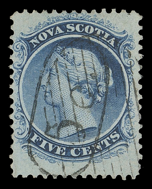 NOVA SCOTIA CENTS PROOFS AND STAMPS 10,A selected group of seven used distinctive "5c." rate handstamps on the 5 cent stamp (the only value known with these), produced by the Postmaster of Baddeck, Cape Breton; seldom encountered in such an extensive group, noting Macdonald Types III (2) and IV (5) mainly subtype "a" shown. An attractive lot of these short-lived postal rate markings, F-VF