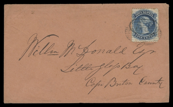 NOVA SCOTIA CENTS POSTAL HISTORY  1865 (June 1) Beautiful reddish fawn envelope mailed from Baddeck, Cape Breton to Little Glace Bay, bearing a 5c dark blue on white paper with centrally struck "5c." within oblong overprint (Macdonald Type III) and further tied by additional oval grid cancel as customary by the Postmaster, Baddeck JU 1 and Sydney JU 6 transit backstamps. A rare handstamped cover of which only four Type III handstamp covers were seen by J.J. Macdonald, ideal for a serious collection, VF (Unitrade 10c) ex. Graham McCleave (Eastern Auctions, October 2015; Lot 138)