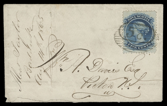 NOVA SCOTIA CENTS POSTAL HISTORY  1865 (August 15) Small envelope from Baddeck to Pictou, bearing a well centered 5c blue nicely tied by centrally struck "5c." within oblong (Macdonald Type III) and further tied by oval grid as customary; slight opening tear at foot, four different backstamps including Baddeck, Plaister Cove, Antigonish and Pictou AU 17 receiver. A most appealing Postmaster