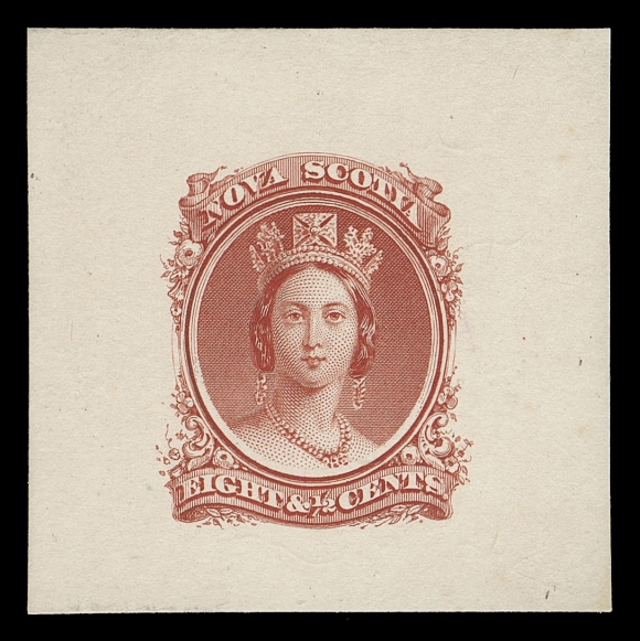 NOVA SCOTIA CENTS PROOFS AND STAMPS  11,Trial Colour Die Proof printed in orange red on card mounted india paper 43 x 43mm; a choice and very scarce coloured proof, VF (Minuse & Pratt 11TCa)