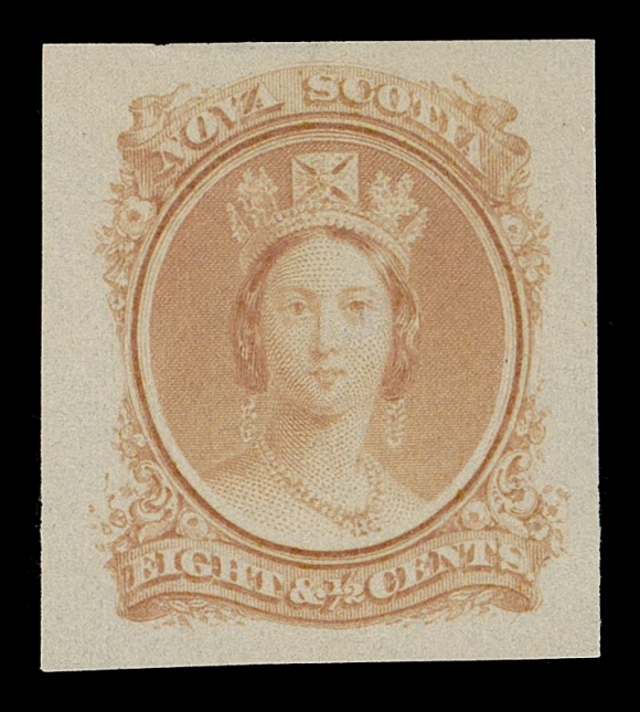 NOVA SCOTIA CENTS PROOFS AND STAMPS  11,American Bank Note Company Trade Sample Proofs - an attractive group of five coloured proofs on wove vertical or horizontal mesh paper, includes three distinctive shades of rose and two striking darker shades of orange, one with slight thin spot, others sound and scarce thus, VF