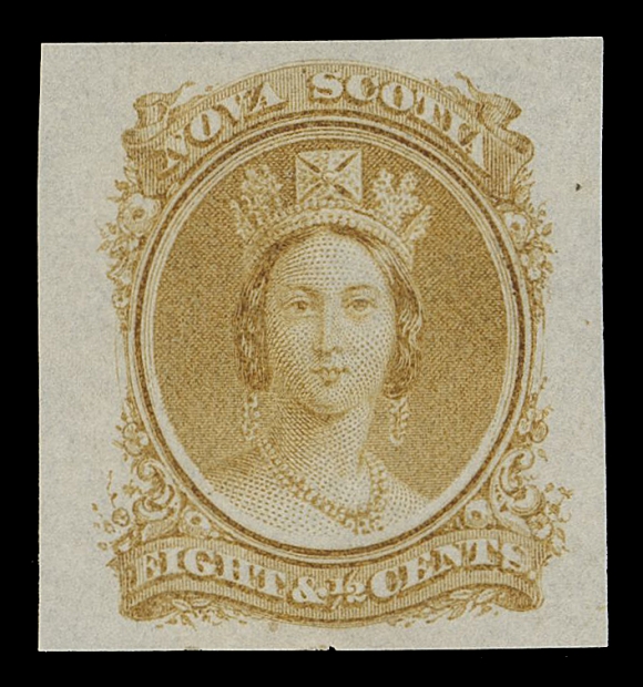 NOVA SCOTIA CENTS PROOFS AND STAMPS 11,American Bank Note Company Trade Sample Proofs - an attractive group of five coloured proofs on wove vertical or horizontal mesh paper, includes three distinctive shades of rose and two striking darker shades of orange, one with slight thin spot, others sound and scarce thus, VF