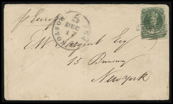 NOVA SCOTIA CENTS POSTAL HISTORY  1861 (December 12) Cover endorsed "per Europa" mailed from Halifax franked with a sound 8½c green tied by oval grid "H" cancel, superb Halifax double arc dispatch on reverse, addressed to New York with Boston Br. Pkt / 5 / DEC 17 circular datestamp, denoting 5c U.S. postage to be collected from the recipient, minor flaws to cover mostly along edges, a Fine and rare single-franking to the United States, this packet rate was valid for just 19 months (until end of April 1862). (Unitrade 11)Provenance: John Seybold, J.C. Morgenthau & Co. Auctions, March 1910; Lot 728 - cover shows his signature backstamp.