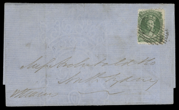 NOVA SCOTIA CENTS POSTAL HISTORY  1861 (September 19) Folded cover from Halifax to North Sydney, Cape Breton, the rarely seen Sea Route letter rate paid with a single 8½c green tied by grid "H" cancel, very clear dispatch and North Sydney SP 21 arrival backstamps; small sealed tear at top and light cover soiling. A very elusive rate - a mere few such covers exist, F-VF (Unitrade 11)The Newfoundland packet which carried this letter also called at Sydney. This sea route to Newfoundland via Cape Breton lasted from October 1860 to May 1, 1862, with service suspended during the winter months December to March. Provenance: "W.H. Brouse" with his backstamp (circa. 1910s / 1920s)                   BNA Sale, Harmer Rooke of London, June 1965; Lot 641                   J.J. Macdonald - Nova Scotia One Hundred Years Over the Waters exhibit collection, Eastern Auctions, October 2013; Lot 763                   The "Skywalk" Collection of Nova Scotia, Rumsey Auctions, September 2016; Lot 101