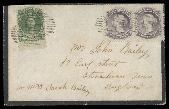 NOVA SCOTIA CENTS POSTAL HISTORY  1867 (July 9) Mourning cover with a remarkable franking paying the 12½ cent rate to England, consisting of a single 8½c green and a pair of 2c lilac, tied by oval "H" grid cancellations, light Halifax JY 9 67 dispatch and clear Plymouth AU 10 British transit on reverse. Portion of backflap missing and light central fold away from stamps and markings. An exceptionally rare and equally striking combination franking unrecorded in Argenti - we know of only one other (ex. Mayer), VF; 1966 RPSL cert. (Unitrade 9, 11) Expertization: 1966 RPS of London certificateProvenance: Graham McCleave Collection, Eastern Auctions, October 2015; Lot 151Illustrated in Jephcott, Greene & Young "The Postal History of Nova Scotia and New Brunswick" book on page 267. 