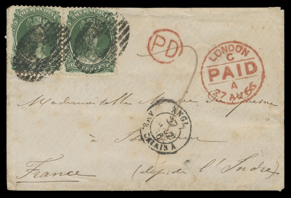 NOVA SCOTIA CENTS POSTAL HISTORY  1866 (August 13) White envelope mailed from Sydney, Cape Breton to Issoudun, Indre, France, light traces of foxing, franked at upper left with pair of 8½c green on white paper tied by well-struck oval grids, superb London Paid 27 AU 66 circular transit datestamp in red, same-ink circular "PD" (paid) instructional marking and manuscript "7" for British claim, same-day French Amb. Calais 27 AU 66 transit on obverse; on reverse Sydney split ring dispatch, Paris a Perigueux 27 Aout 66 transit and partially legible Issoudun receiver. A very rare 17 cent letter rate to Continental Europe, ideal for an exhibit collection, VF (Unitrade 11)