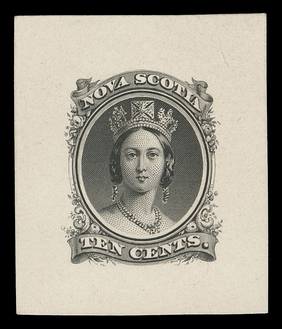 NOVA SCOTIA CENTS PROOFS AND STAMPS 12,Trial Colour Die Proof, engraved, printed in black on mounted india paper measuring 35 x 41mm, choice and rarely seen, VF (Minuse & Pratt 12TC1a)
It is interesting to note that no die proof (of any size) of the 10 cents exists in vermilion, colour of issue, nor were any "Goodall" die proofs produced of this particular denomination.
