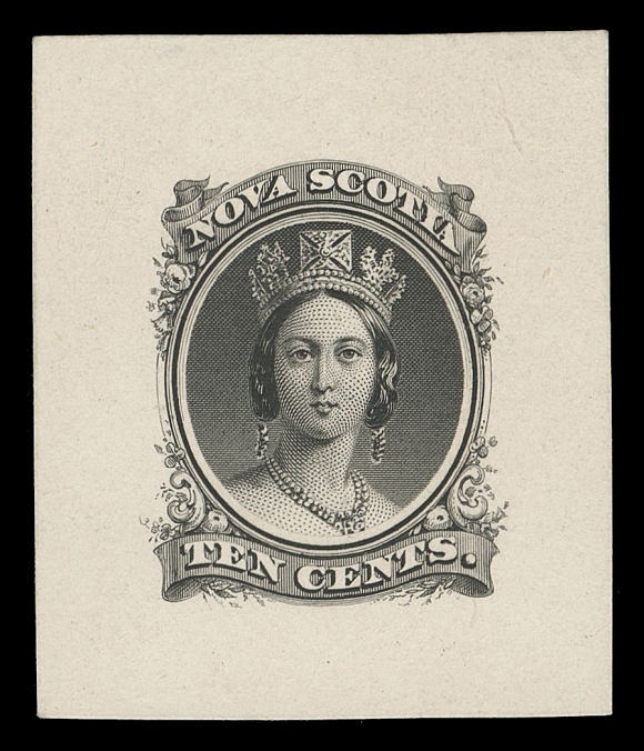 NOVA SCOTIA CENTS PROOFS AND STAMPS  12,Trial Colour Die Proof, engraved, printed in black on mounted india paper measuring 35 x 41mm, choice and rarely seen, VF (Minuse & Pratt 12TC1a)

It is interesting to note that no die proof (of any size) of the 10 cents exists in vermilion, colour of issue, nor were any "Goodall" die proofs produced of this particular denomination.