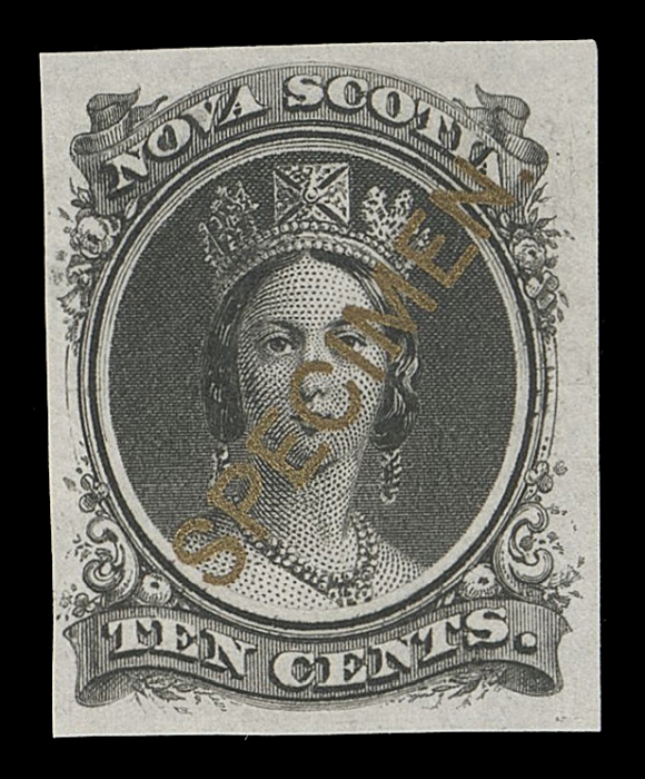 NOVA SCOTIA CENTS PROOFS AND STAMPS  12TCv,Trial colour plate proof in black with scarce diagonal SPECIMEN Type B overprint IN GOLD, on india paper, choice, VF