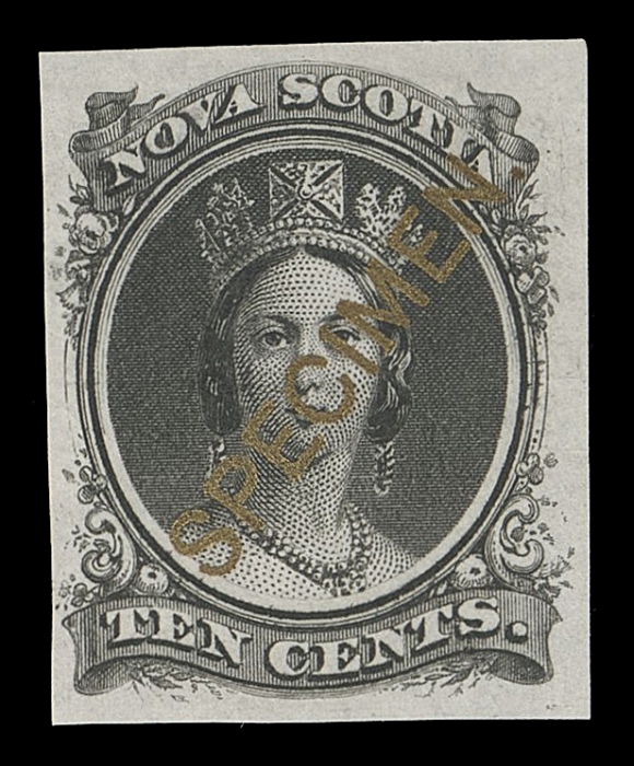 NOVA SCOTIA CENTS PROOFS AND STAMPS 12TCv,Trial colour plate proof in black with scarce diagonal SPECIMEN Type B overprint IN GOLD, on india paper, choice, VF