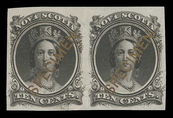 NOVA SCOTIA CENTS PROOFS AND STAMPS  12TCv,Trial colour plate proof pair in black showing the diagonal SPECIMEN Type B overprint IN GOLD, negligible mount mark at foot of left proof, a rarely seen multiple with unfaded gold, VF