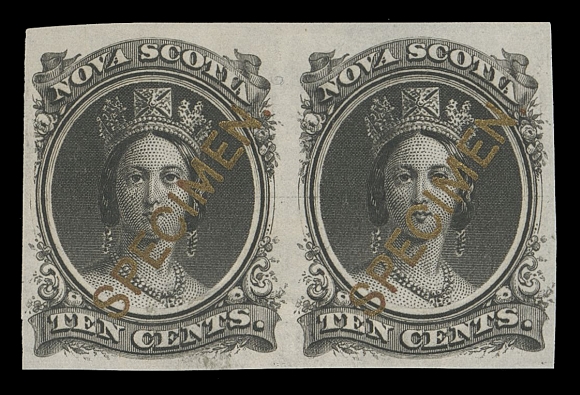 NOVA SCOTIA CENTS PROOFS AND STAMPS 12TCv,Trial colour plate proof pair in black showing the diagonal SPECIMEN Type B overprint IN GOLD, negligible mount mark at foot of left proof, a rarely seen multiple with unfaded gold, VF