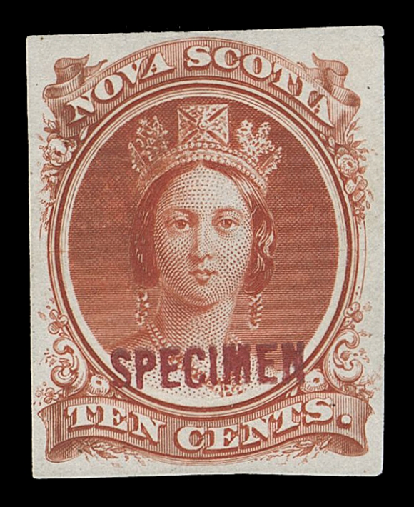 NOVA SCOTIA CENTS PROOFS AND STAMPS  12P + unlisted overprint,Plate proof single on india paper with very rare "SPECIMEN" handstamp overprint in red (horizontal - 12 x 2.5mm), similar to the one found very rarely on a few Canada Pence & Cents proofs, most unusual, VF