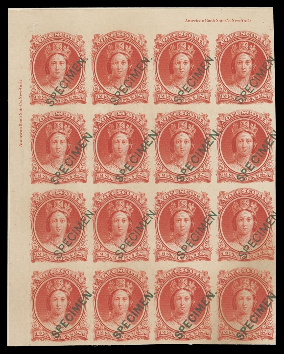 NOVA SCOTIA CENTS PROOFS AND STAMPS  12Pi, ii, iii,Corner margin plate proof block of sixteen on card mounted india paper, some light toning at foot, showing two ABNC plate imprints and three different types of the diagonal SPECIMEN overprint in green - Type B (Pos 1-4, 31-34), Type C (Pos 41-44) and the scarce Type D (Pos 11-14), VF (Unitrade cat. $2,400 for se-tenant proofs)