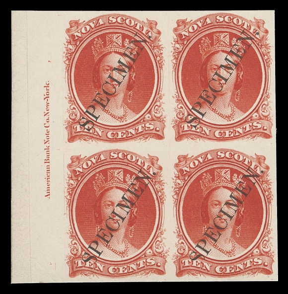 NOVA SCOTIA CENTS PROOFS AND STAMPS  12Pv,Plate proof block in the issued colour on card mounted india paper with ABNC imprint in left margin and the elusive diagonal SPECIMEN Type A in black, choice and very scarce, VF