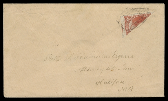 NOVA SCOTIA CENTS POSTAL HISTORY  1861 (May 7) Oriental buff coloured envelope addressed to Halifax, faint edge wrinkles and intact red wax seal on reverse, mailed at Wolfville paying the 5 cent domestic letter rate with a scarce, diagonally bisected 10 cent vermilion in choice condition and showing part of adjacent stamp at foot, well tied by an oval mute grid cancel, light Wolfville dispatch and oval "H" receiver MY 7 1861 backstamps. A scarce bisect cover, VF; 1964 RPS of London certificate (Unitrade 12b)