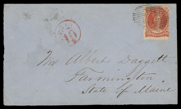 NOVA SCOTIA CENTS POSTAL HISTORY  1860 (November 30) Blue cover from Truro to Farmington, Maine, franked with a 10c vermilion for the 10 cent overland rate to the US, tied by oval mute grid, circular border exchange "PAID 10" in red, used in Second Month of Issue - a very scarce early date; Truro NO 30 and Amherst same-day transit backstamps, VF (Unitrade 12)