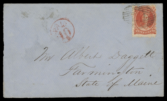 NOVA SCOTIA CENTS POSTAL HISTORY 1860 (November 30) Blue cover from Truro to Farmington, Maine, franked with a 10c vermilion for the 10 cent overland rate to the US, tied by oval mute grid, circular border exchange "PAID 10" in red, used in Second Month of Issue - a very scarce early date; Truro NO 30 and Amherst same-day transit backstamps, VF (Unitrade 12)