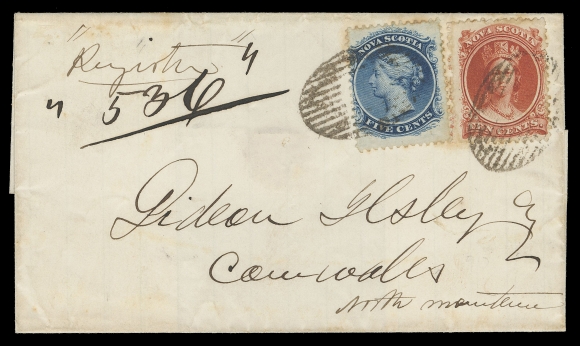 NOVA SCOTIA CENTS POSTAL HISTORY  1865 (April 27) Folded cover bearing 5c blue and 10c vermilion, light perf toning, tied by oval grids, endorsed "Register", numbered "536" and mailed from Hantsport to Cornwallis with double arc dispatch backstamp; pays the 5 cent domestic letter rate plus 10 cent registration, an elusive rate, F-VF (Unitrade 10, 12)Provenance: Randall Martin, Firby Auctions, September 2008; Lot 863                   The "Skywalk" Collection of Nova Scotia, Schuyler Rumsey, September 2016; Lot 105