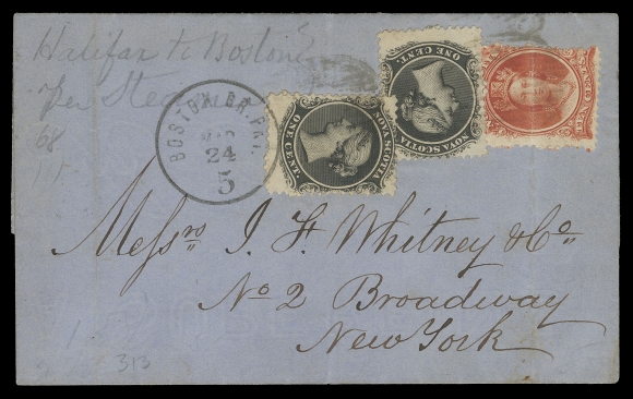 NOVA SCOTIA CENTS POSTAL HISTORY  1862 (March 17) Folded cover from the Interior of Nova Scotia at Windsor, mailed to New York via Halifax and Boston, double arc dispatch and oval "H" (Halifax) MR 17 transit backstamps, franked with a 10c vermilion and two 1c black, shortpaying by 1½c the required 13½ cent letter rate. Stamps tied by light oval grids, neat Boston Br. Pkt / 5 / MAR 24 CDS nicely ties left stamp, file fold crosses 10 cent. A most unusual and very rare rate cover, shortpaid without due markings from the Interior to the United States via steamer from Halifax, Fine (Unitrade 8, 12)Provenance: J.J. Macdonald - Nova Scotia One Hundred Years Over the Waters exhibit collection, Eastern Auctions, October 2013; Lot 764