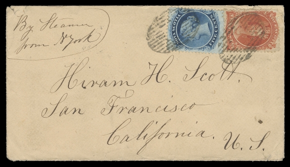 NOVA SCOTIA CENTS POSTAL HISTORY  1868 (January 13) Amber cover endorsed "Per Steamer from N. York" mailed from Windsor to San Francisco, California, bearing 5c blue and 10c vermilion well tied by oval grids, small cover flaw at top barely affects the 10c; Windsor split ring dispatch and same-day oval "H" (Halifax) transit backstamp. A very scarce 15c rate to California - of the few that exist most are from the same correspondence and faulty. This cover is one of the nicer known examples of this rate, F-VF (Unitrade 10, 12) ex. "November" BNA Collection (February 1994, Lot 268, where it realized US$920)